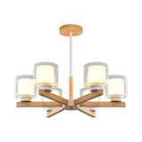 Wooden Double Glass Chandelier With Cylinder Shade - 3/6 Lights For Living Room Ceiling