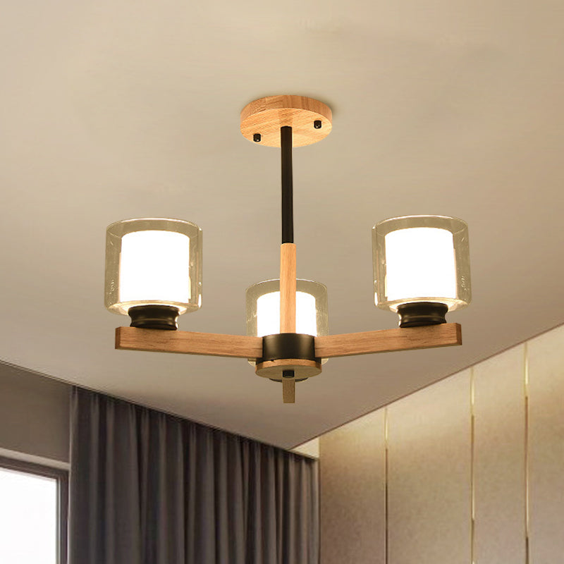 Wooden Hanging Chandelier With Double Glass Cylinder Shade - 3/6 Light Ceiling Lamp For Living Room