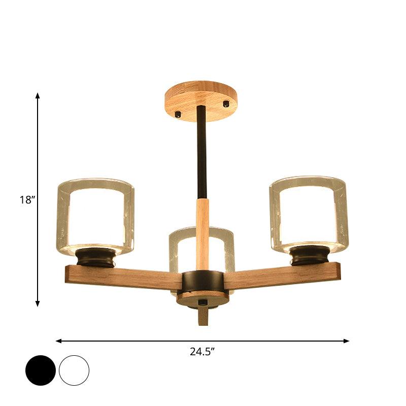 Wooden Hanging Chandelier With Double Glass Cylinder Shade - 3/6 Light Ceiling Lamp For Living Room