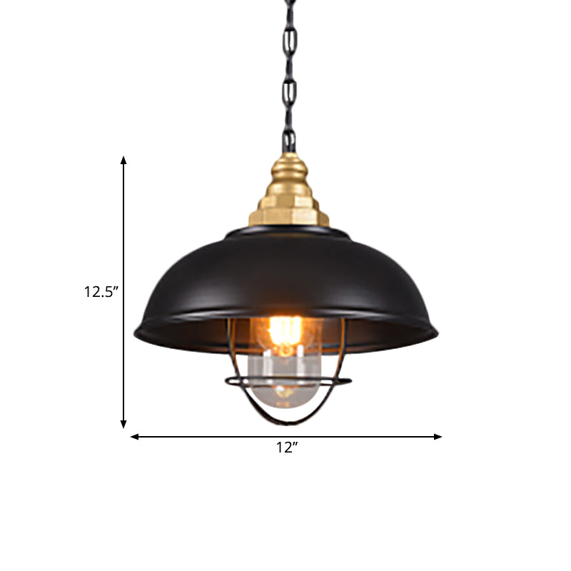 Nautical Black Bowl Suspension Lamp With Metallic Wire Cage - Perfect For Restaurant Ceilings