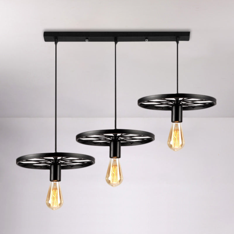 Industrial Style Iron Hanging Pendant Light With Wheel - 3 Lights Black Bare Bulb Perfect For