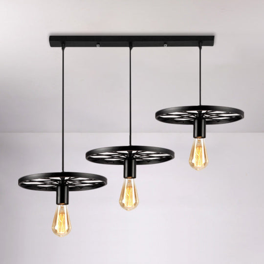 Industrial Style Iron Hanging Pendant Light With Wheel - 3 Lights Black Bare Bulb Perfect For