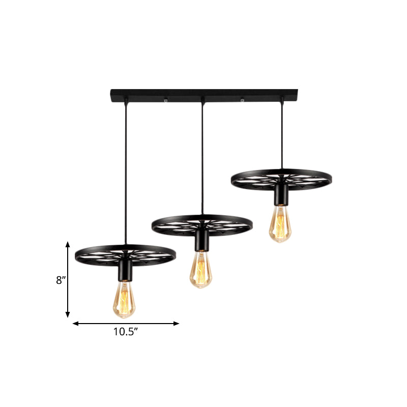 Industrial Style Iron Hanging Pendant Light With Wheel - 3 Lights Black Bare Bulb Perfect For