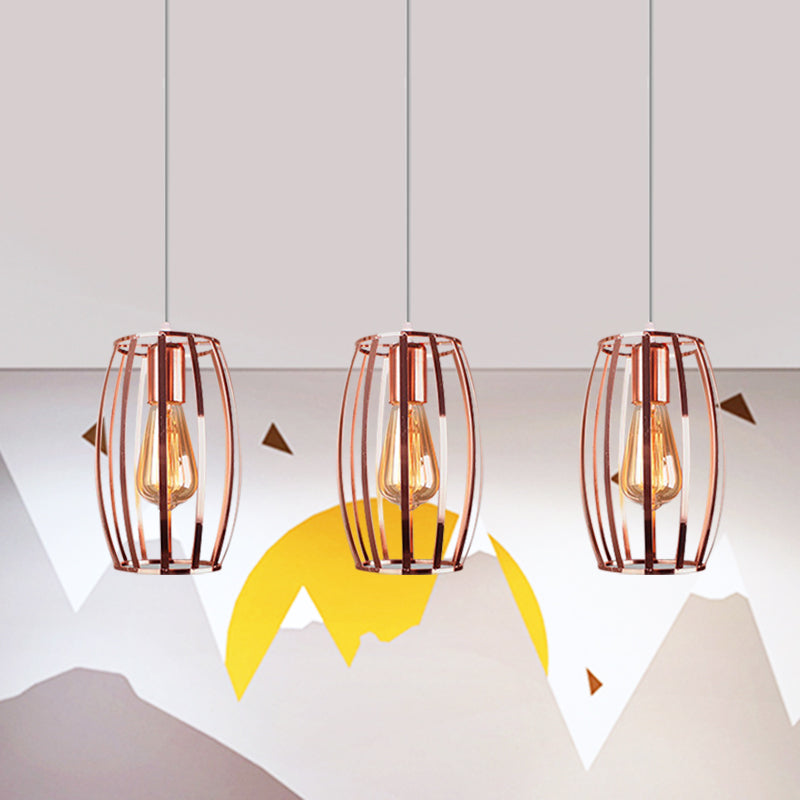 Iron Copper Hanging Lamp With Oval Cage Shade - Industrial Ceiling Fixture 3 Bulbs Stylish Lighting