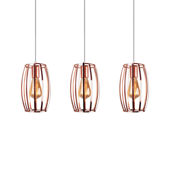 Iron Copper Hanging Lamp With Oval Cage Shade - Industrial Ceiling Fixture 3 Bulbs Stylish Lighting