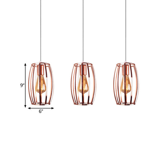Iron Copper Hanging Lamp With Oval Cage Shade - Industrial Ceiling Fixture 3 Bulbs Stylish Lighting