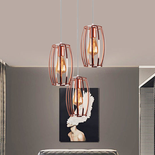 Iron Copper Hanging Lamp With Oval Cage Shade - Industrial Ceiling Fixture 3 Bulbs Stylish Lighting