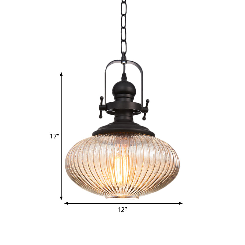 Industrial Striped Glass Ceiling Light With Black Cylinder/Oval Design - 1 Pendant Lighting Fixture