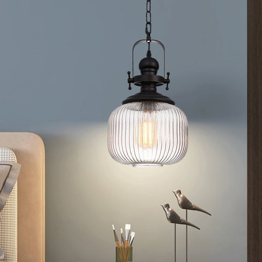 Industrial Striped Glass Ceiling Light With Black Cylinder/Oval Design - 1 Pendant Lighting Fixture