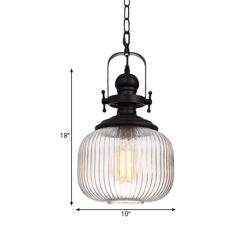 Industrial Striped Glass Ceiling Light With Black Cylinder/Oval Design - 1 Pendant Lighting Fixture