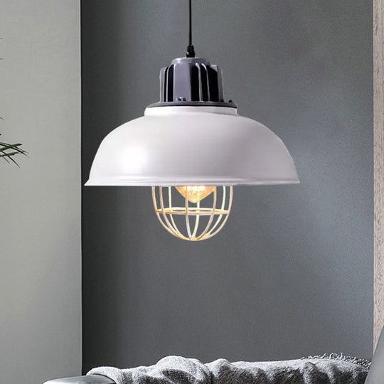 Vintage Hanging Lamp With Black/White Metallic Dome Shade & Wire Cage