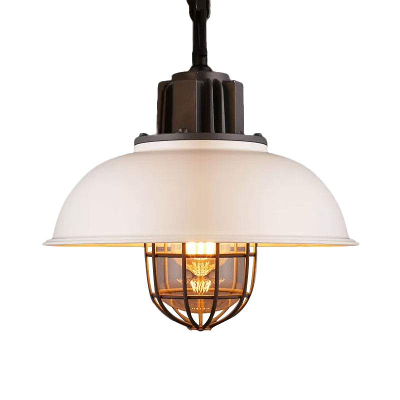 Vintage Hanging Lamp With Black/White Metallic Dome Shade & Wire Cage