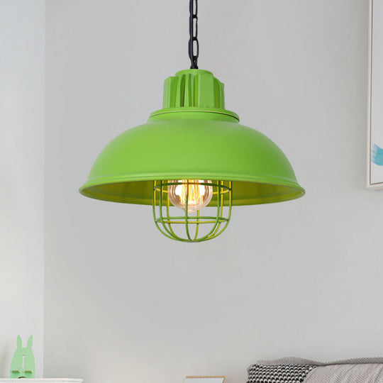 Vintage Hanging Lamp With Black/White Metallic Dome Shade & Wire Cage