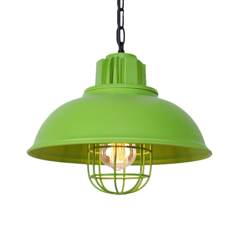 Vintage Hanging Lamp With Black/White Metallic Dome Shade & Wire Cage