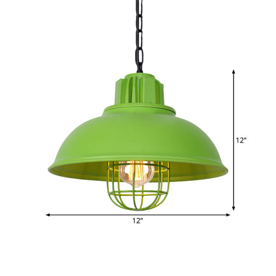 Vintage Hanging Lamp With Black/White Metallic Dome Shade & Wire Cage