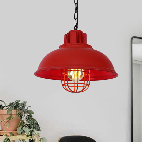 Vintage Hanging Lamp With Black/White Metallic Dome Shade & Wire Cage Red