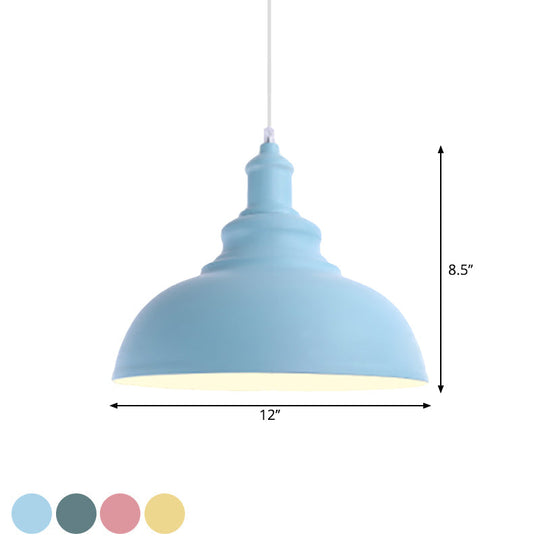 Macaron Style Pink/Yellow Bowl Ceiling Light: Metal Suspended Lamp For Bedroom - 1 Bulb Fixture