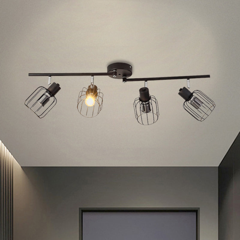 Industrial Ceiling Light With Mini Drum Cage Shade For Coffee Shop - 4 Lights Semi - Flush Iron