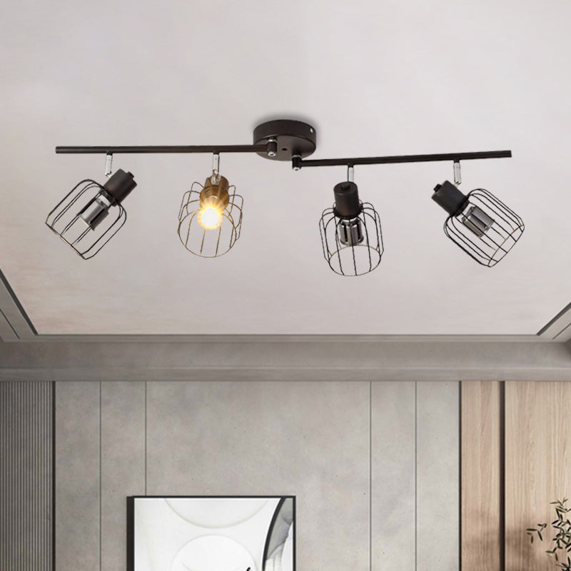 Industrial Ceiling Light With Mini Drum Cage Shade For Coffee Shop - 4 Lights Semi - Flush Iron