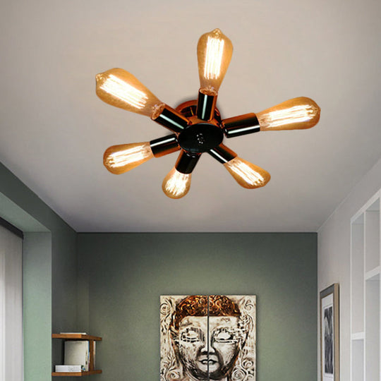 Vintage Inspired Exposed Bulb Semi Flush Pendant Light - 3/6 Lights Metal Ceiling Fixture In Brass