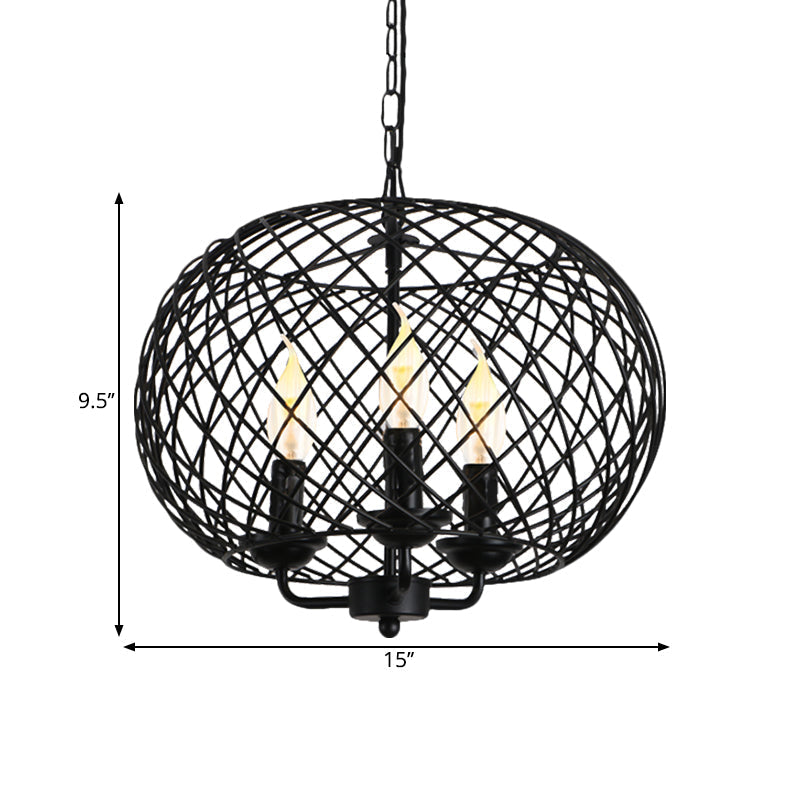 Industrial Metal Mesh Drum Shade Chandelier Lamp - Black 3-Bulb Hanging Ceiling Fixture For Dining