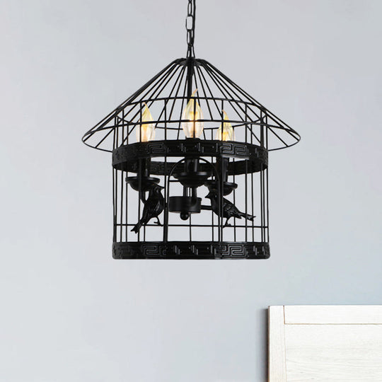 Barrel/Birdcage Chandelier Lighting - Vintage Style Pendant Light 3 Lights Black Metallic Over Table