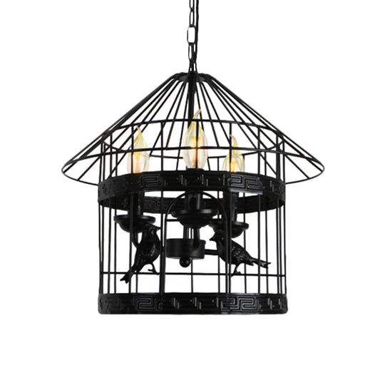 Barrel/Birdcage Chandelier Lighting - Vintage Style Pendant Light 3 Lights Black Metallic Over Table