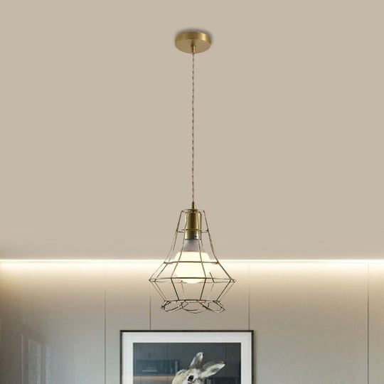 Industrial Metal Pendant Lighting With Gold Finish And Wire Frame For Dining Room - 1 Head