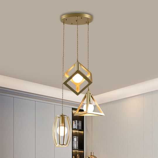 Golden Metal Farmhouse Hanging Lamp With 3 Lights For Living Room