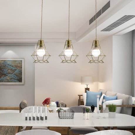 Vintage Iron Caged Ceiling Pendant Light With Petal Shade And Round/Linear Canopy - Golden 3 Lights