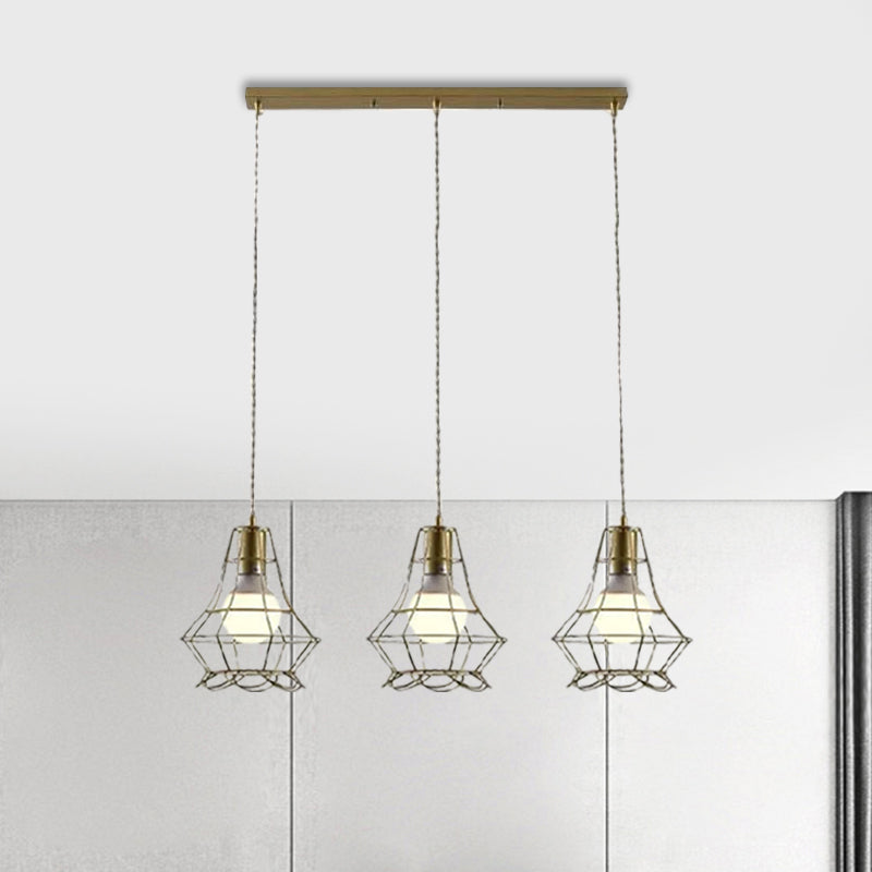 Vintage Iron Caged Ceiling Pendant Light With Petal Shade And Round/Linear Canopy - Golden 3 Lights