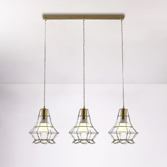 Vintage Iron Caged Pendant Lamp With Petal Shade - Golden 3 Lights Hanging Fixture