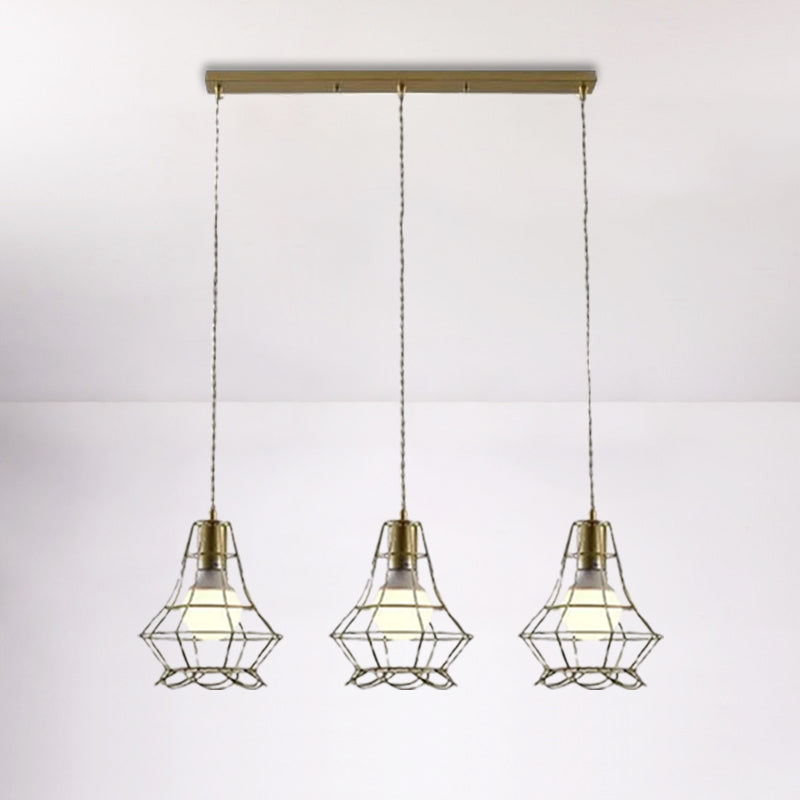 Vintage Iron Caged Ceiling Pendant Light With Petal Shade And Round/Linear Canopy - Golden 3 Lights