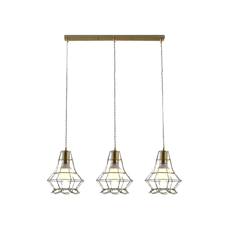 Vintage Iron Caged Ceiling Pendant Light With Petal Shade And Round/Linear Canopy - Golden 3 Lights