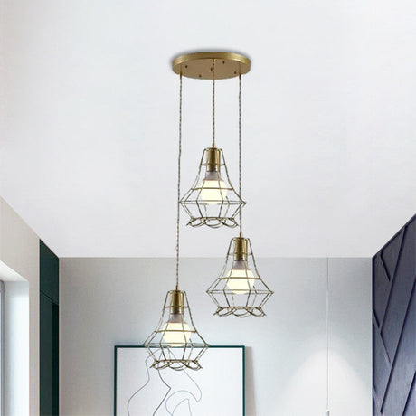 Vintage Iron Caged Ceiling Pendant Light With Petal Shade And Round/Linear Canopy - Golden 3 Lights