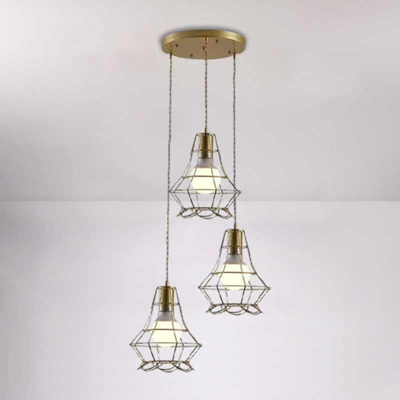 Vintage Iron Caged Pendant Lamp With Petal Shade - Golden 3 Lights Hanging Fixture