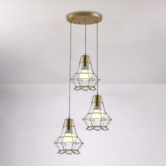 Vintage Iron Caged Ceiling Pendant Light With Petal Shade And Round/Linear Canopy - Golden 3 Lights