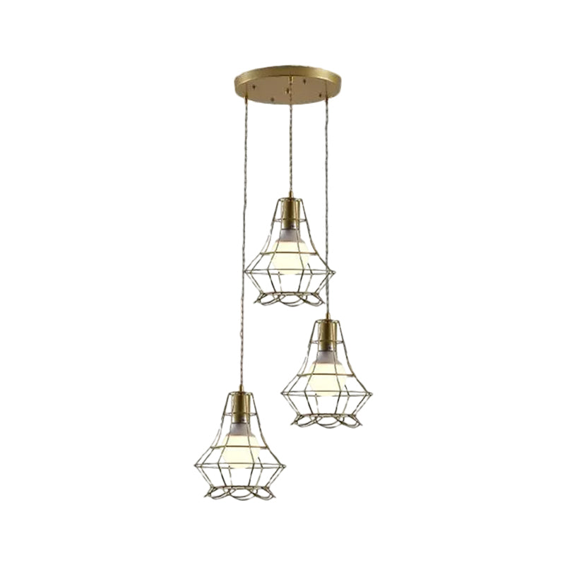 Vintage Iron Caged Ceiling Pendant Light With Petal Shade And Round/Linear Canopy - Golden 3 Lights
