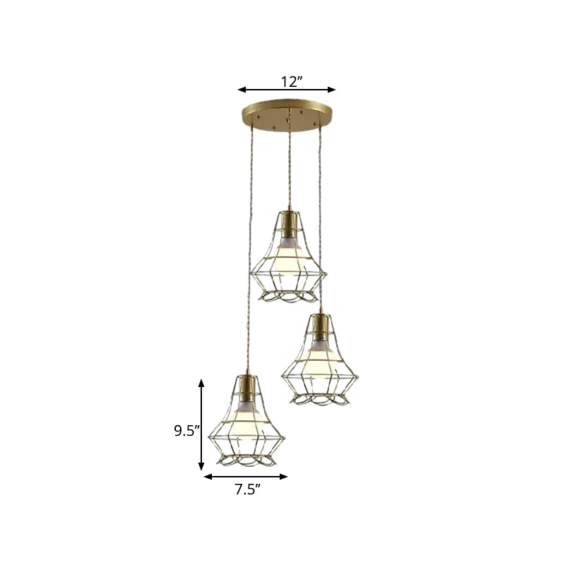 Vintage Iron Caged Ceiling Pendant Light With Petal Shade And Round/Linear Canopy - Golden 3 Lights