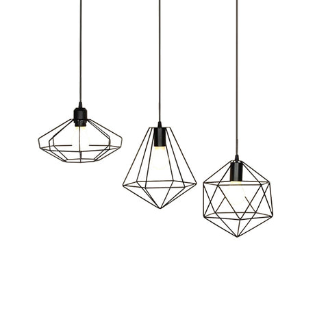 Farmhouse Iron Wire Cage Ceiling Pendant Light Fixture With 3 Lights And Black Shades