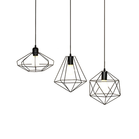 Farmhouse Iron Wire Cage Ceiling Pendant Light Fixture With 3 Lights And Black Shades