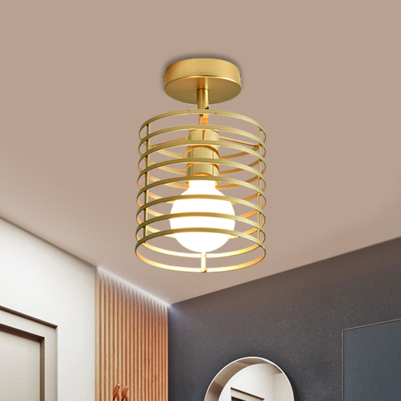 Stylish Metal Semi - Mount Ceiling Fixture With Brass Finish - 1 Bulb Bedroom Lighting In