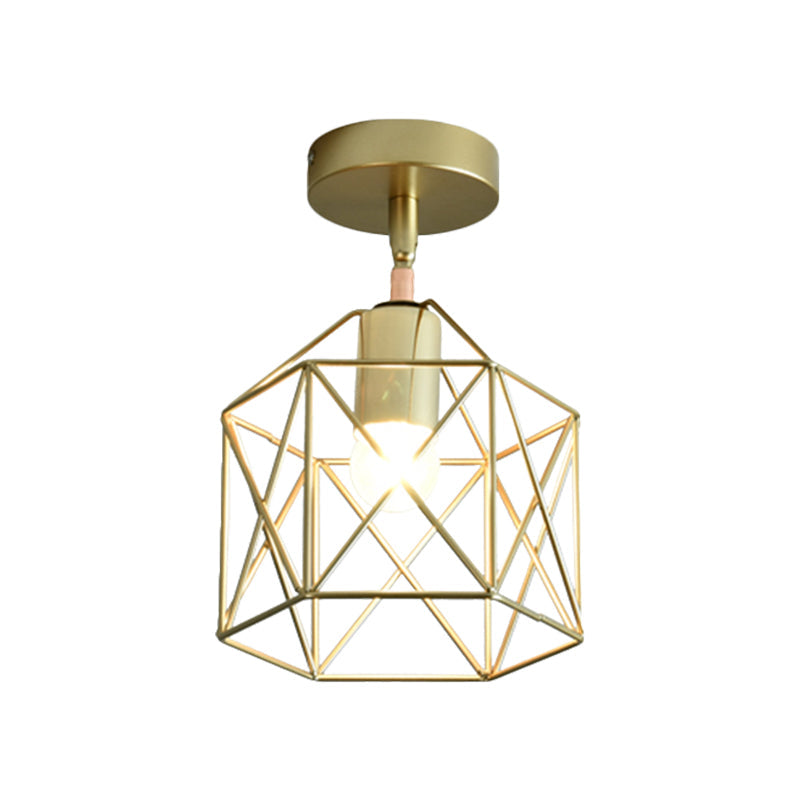 Stylish Metal Semi - Mount Ceiling Fixture With Brass Finish - 1 Bulb Bedroom Lighting In