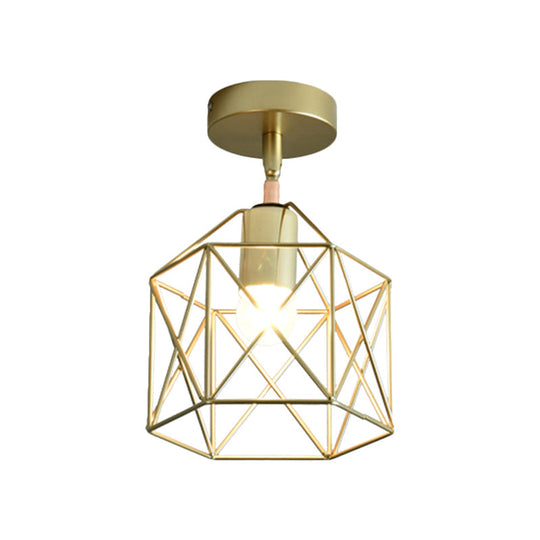 Stylish Metal Semi - Mount Ceiling Fixture With Brass Finish - 1 Bulb Bedroom Lighting In