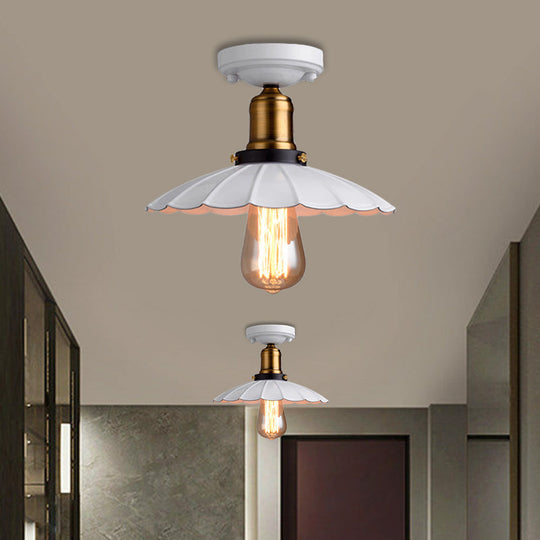 Retro Scalloped Edge Ceiling Light Fixture - Stylish 1-Bulb Semi Flush In Metallic Black/White For