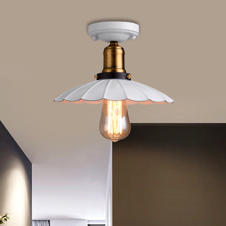 Retro Scalloped Edge Ceiling Light Fixture - Stylish 1-Bulb Semi Flush In Metallic Black/White For