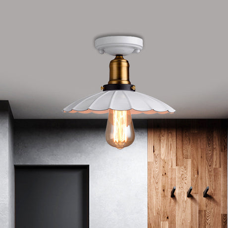 Retro Scalloped Edge Ceiling Light Fixture - Stylish 1-Bulb Semi Flush In Metallic Black/White For