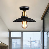 Retro Scalloped Edge Ceiling Light Fixture - Stylish 1-Bulb Semi Flush In Metallic Black/White For