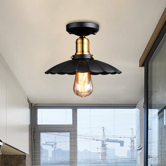 Retro Scalloped Edge Ceiling Light Fixture - Stylish 1-Bulb Semi Flush In Metallic Black/White For