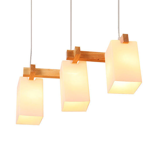 White Nordic Wooden Chandelier With Rectangle Glass Shades - Triple Light Linear Island Lighting For